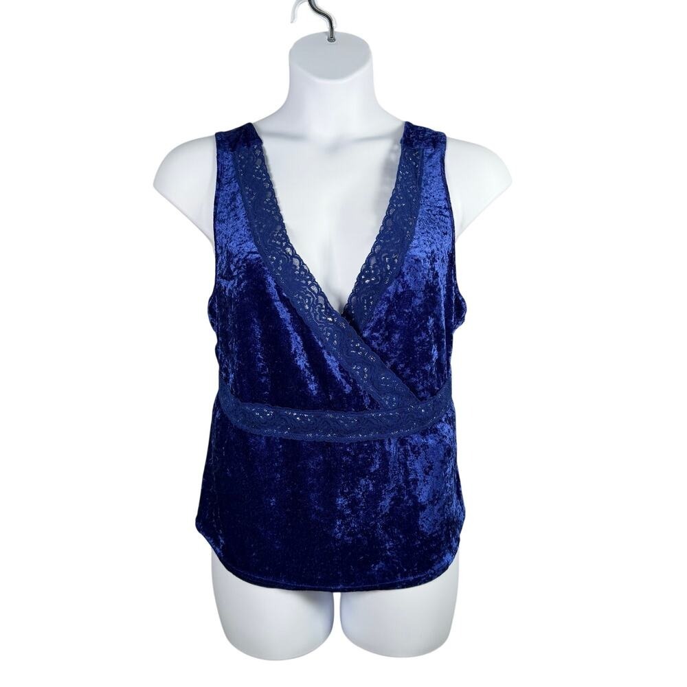 Avon Intimates Tank Top Womens Plus 1X Royal Blue Crushed Velvet‎ Lace Trim Crop